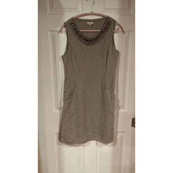 Lina Tomei Made in Italy Linen Dress Womens M Taupe Beaded Neck Shift Pockets - Picture 2 of 8